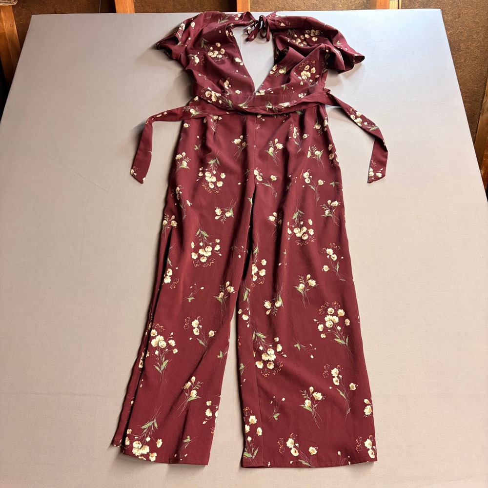 Sadie & Sage Burgundy Floral Open Back Wide Leg Jumpsuit Medium ARK0750 Wine